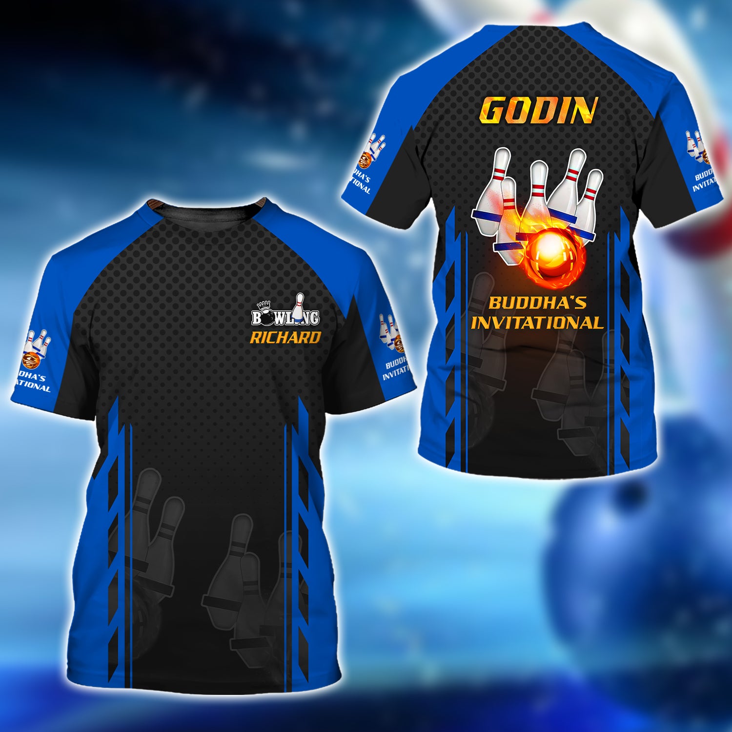 Richard Godin Buddha's Invitational Blue Bowling 5Pins On Fire 3D Shirt - QB95