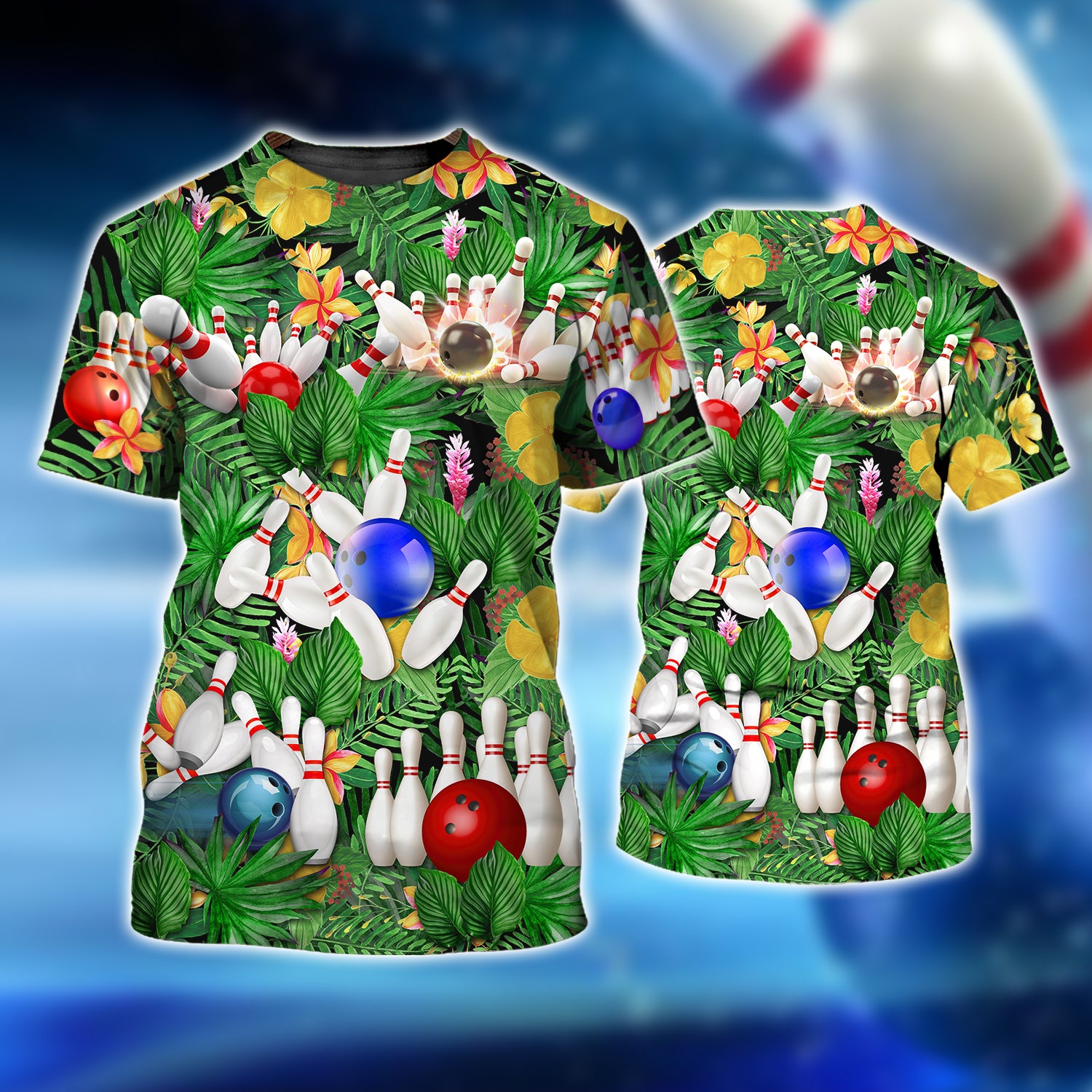 Multiple Bowl And Ball In Flower Hawaii Pattern Problem 3D Tshirt For Bowler QB95