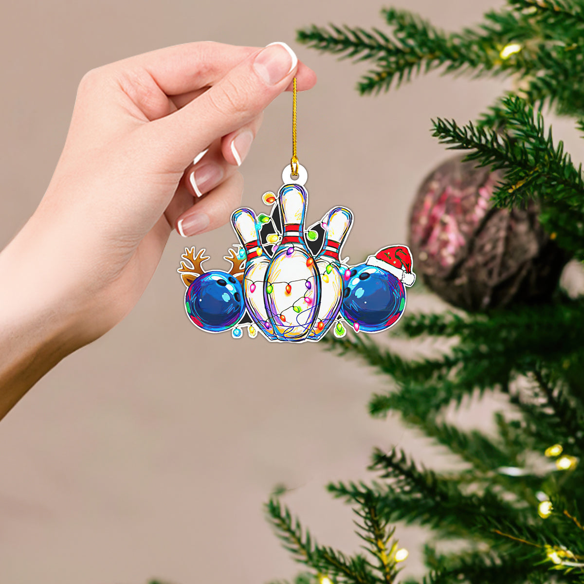 Blue Bowling Ball White Skittles Christmas Ornament