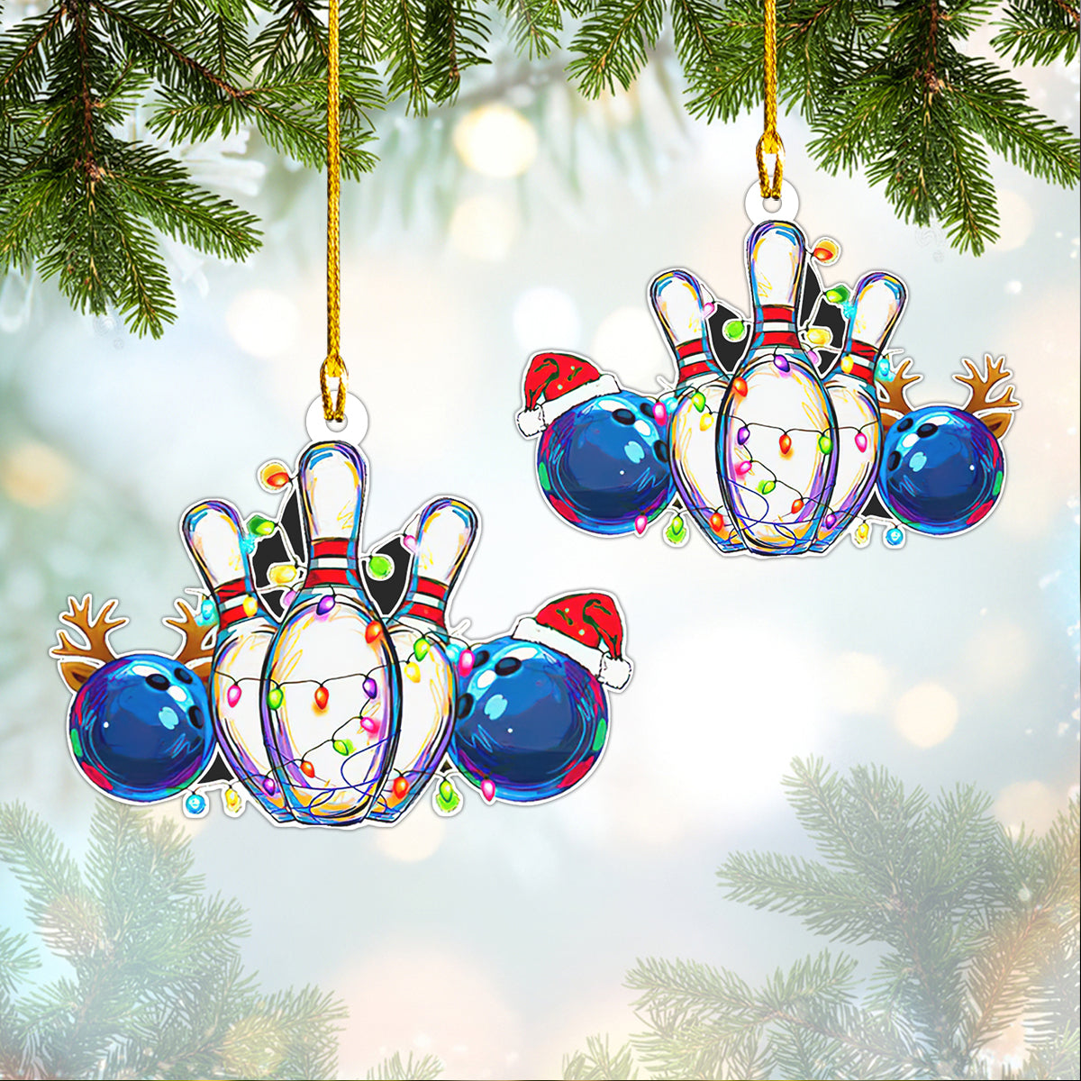 Blue Bowling Ball White Skittles Christmas Ornament