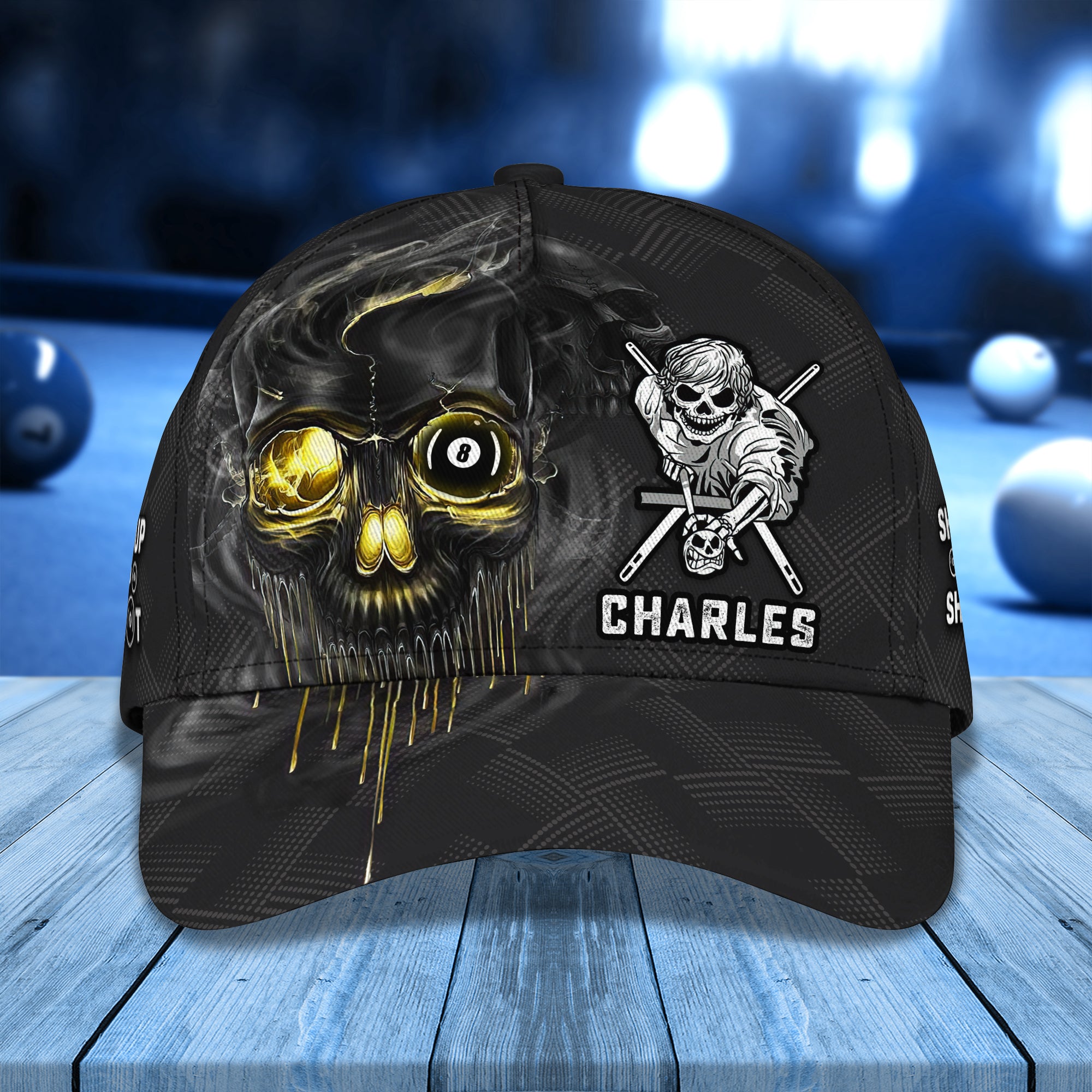 CHARLES Black Skull Billiard Pool 8 Ball Shut Up And Shoot Classic Cap Best Gift For Billiard Player