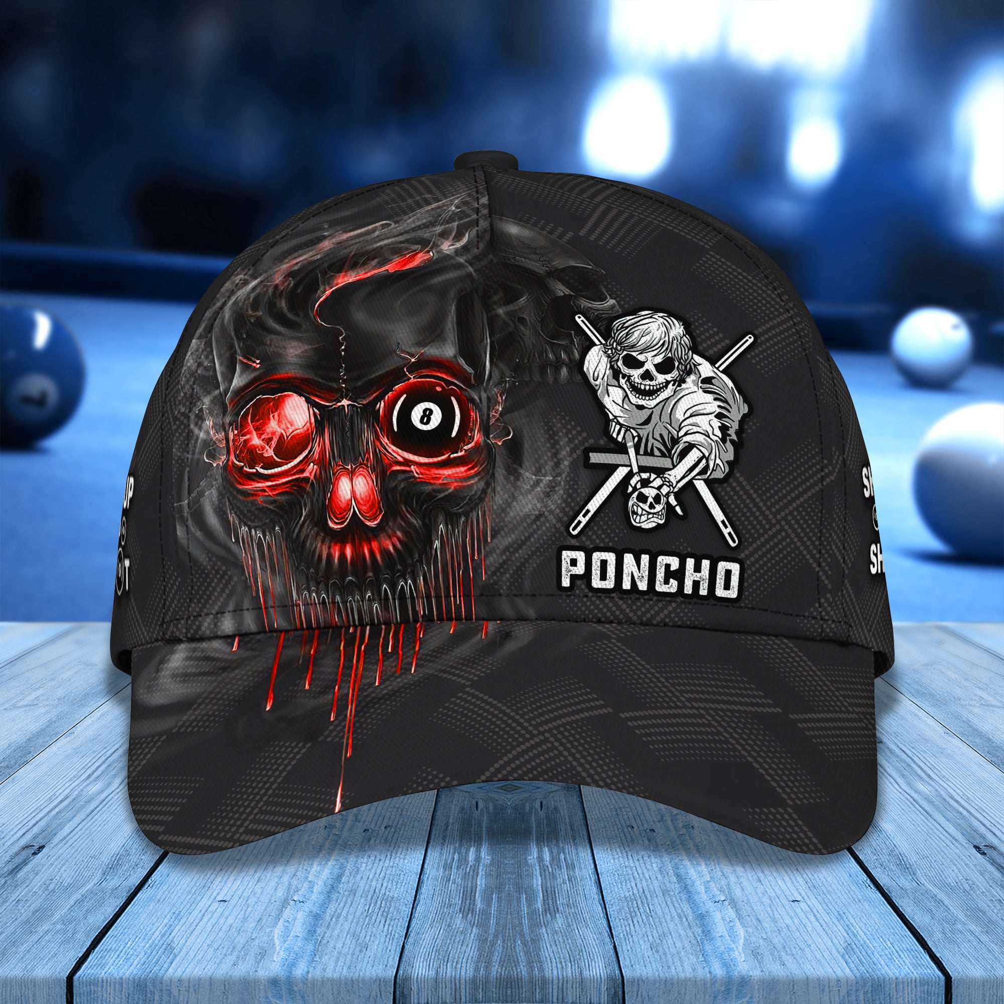 PONCHO Black Skull Billiard Pool 8 Ball Shut Up And Shoot Classic Cap Best Gift For Billiard Player