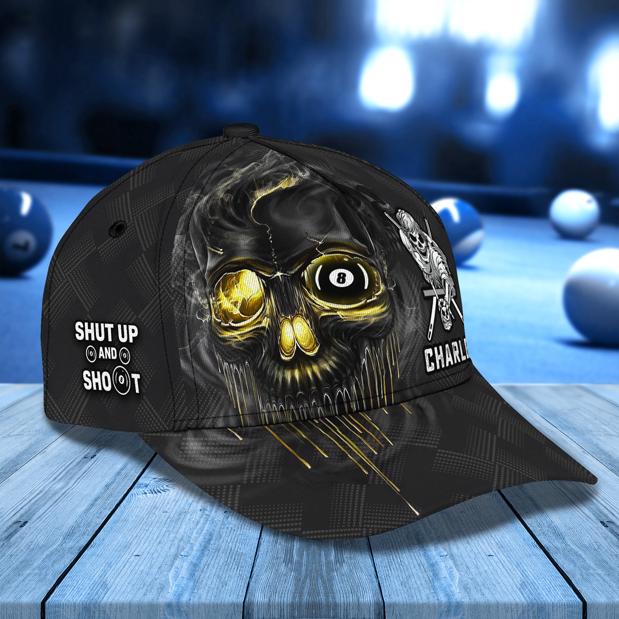 CHARLES Black Skull Billiard Pool 8 Ball Shut Up And Shoot Classic Cap Best Gift For Billiard Player