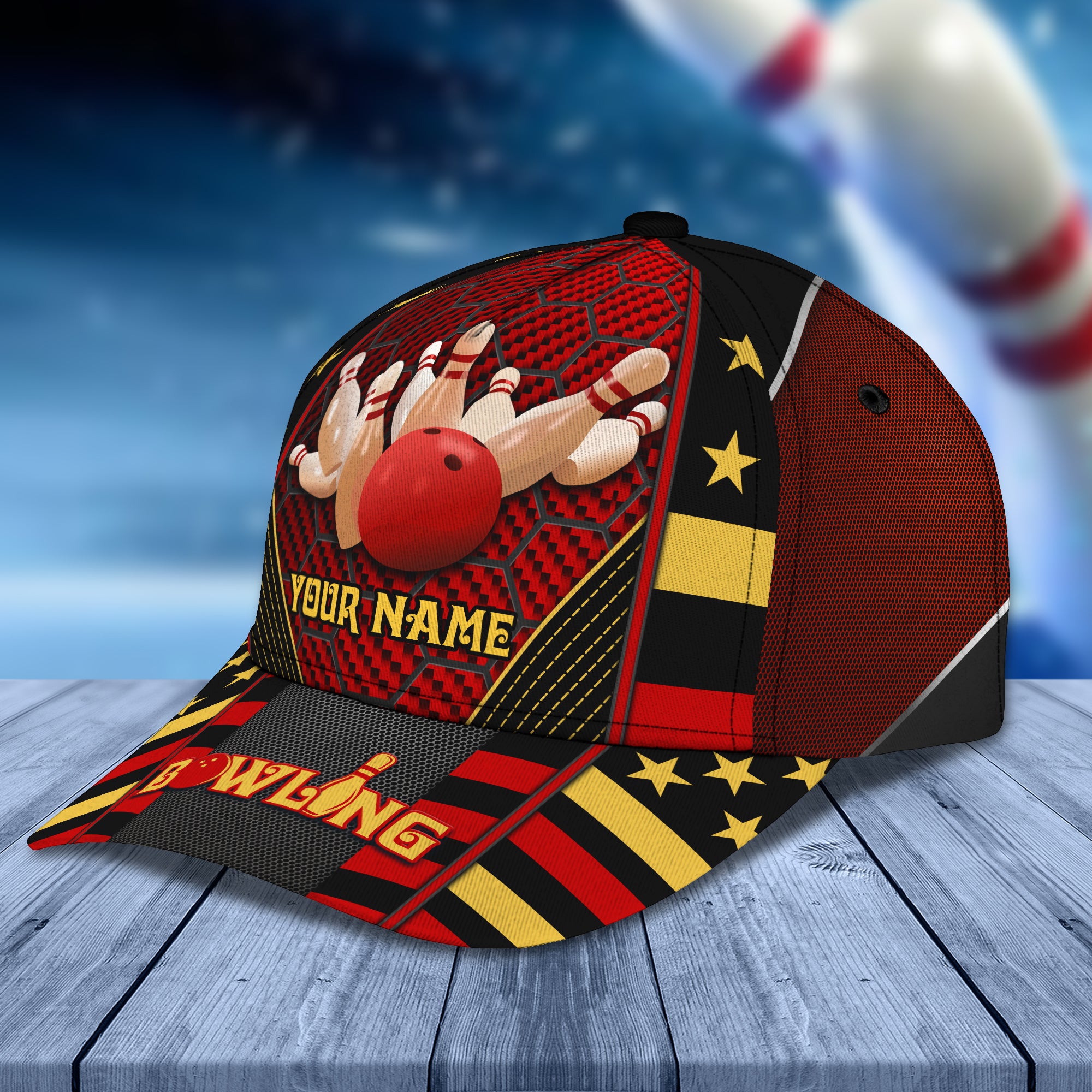 Red Bowling Ball In Motion And The Pins Personalized Name Classic Cap Best Gift For Bowler QB95