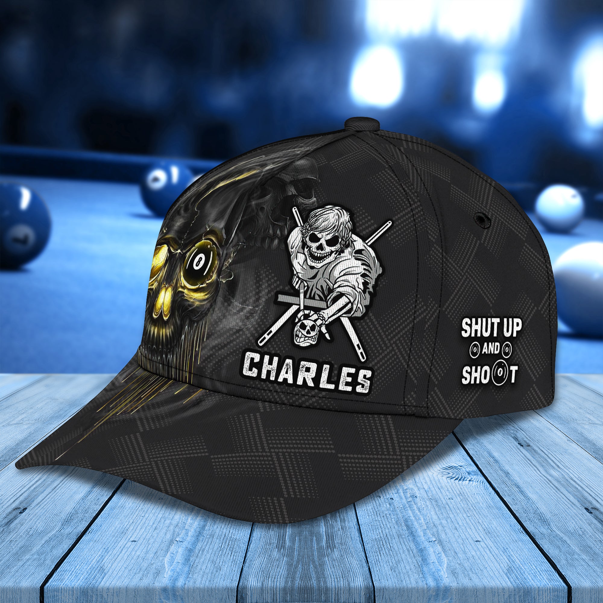 CHARLES Black Skull Billiard Pool 8 Ball Shut Up And Shoot Classic Cap Best Gift For Billiard Player