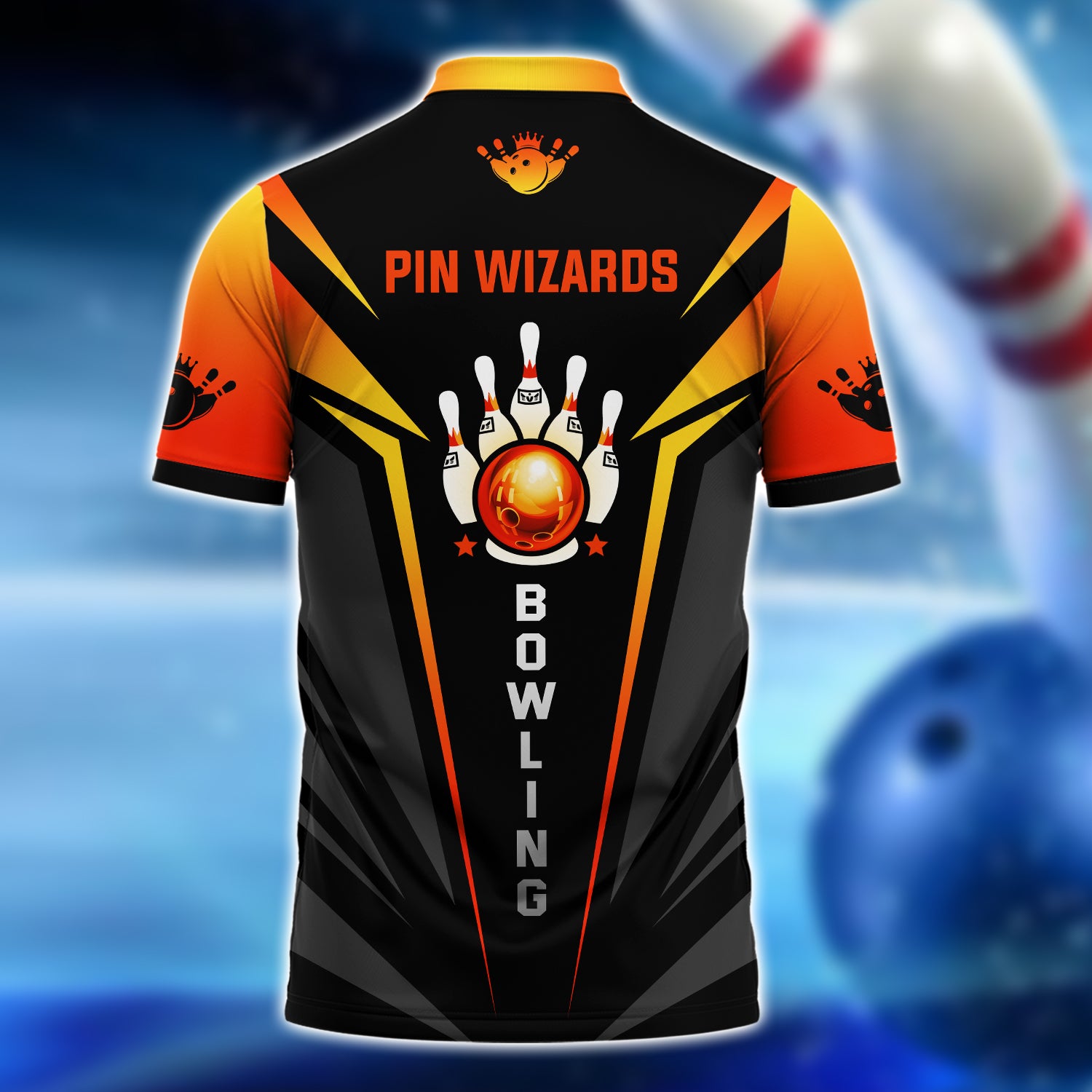 PIN WIZARDS - The Orange Bowling Ball In Flames 3D Zipper Polo Shirt - QB95