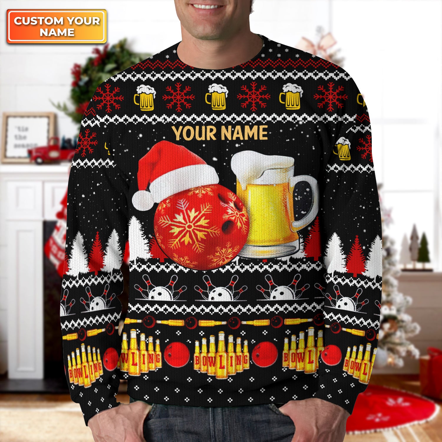 Bowling And Beer Lovers Gift Ugly Christmas Personalized 3D Shirts Design Sweater, Christmas Gift, Pes Lovers