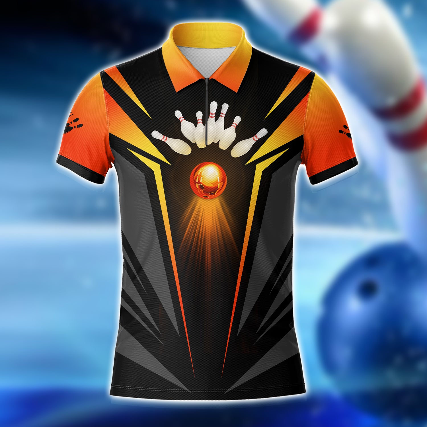 PIN WIZARDS - The Orange Bowling Ball In Flames 3D Zipper Polo Shirt - QB95