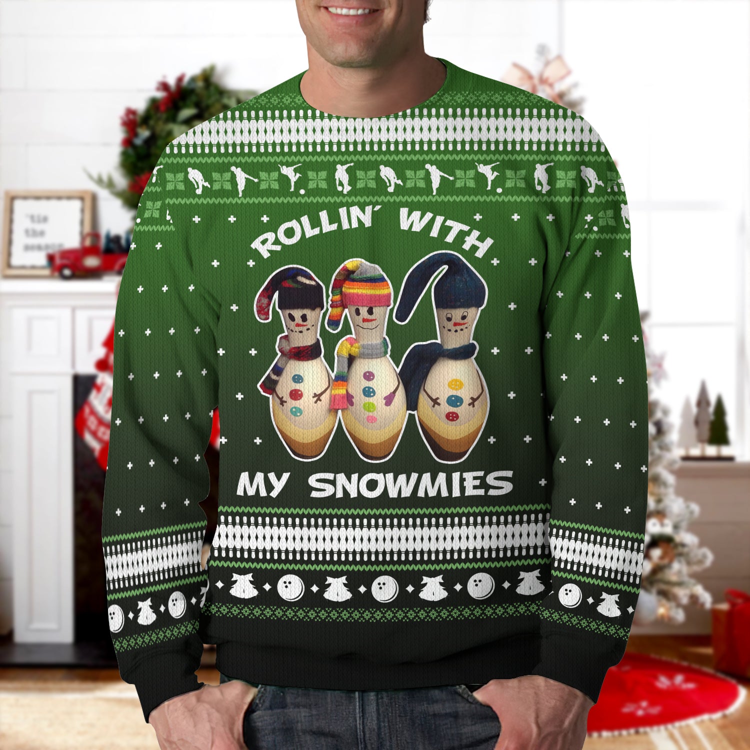 Bowling Rollin' With My Snowmies Gift Ugly Christmas 3D Shirts Design Sweater, Christmas Gift, Pes Lovers