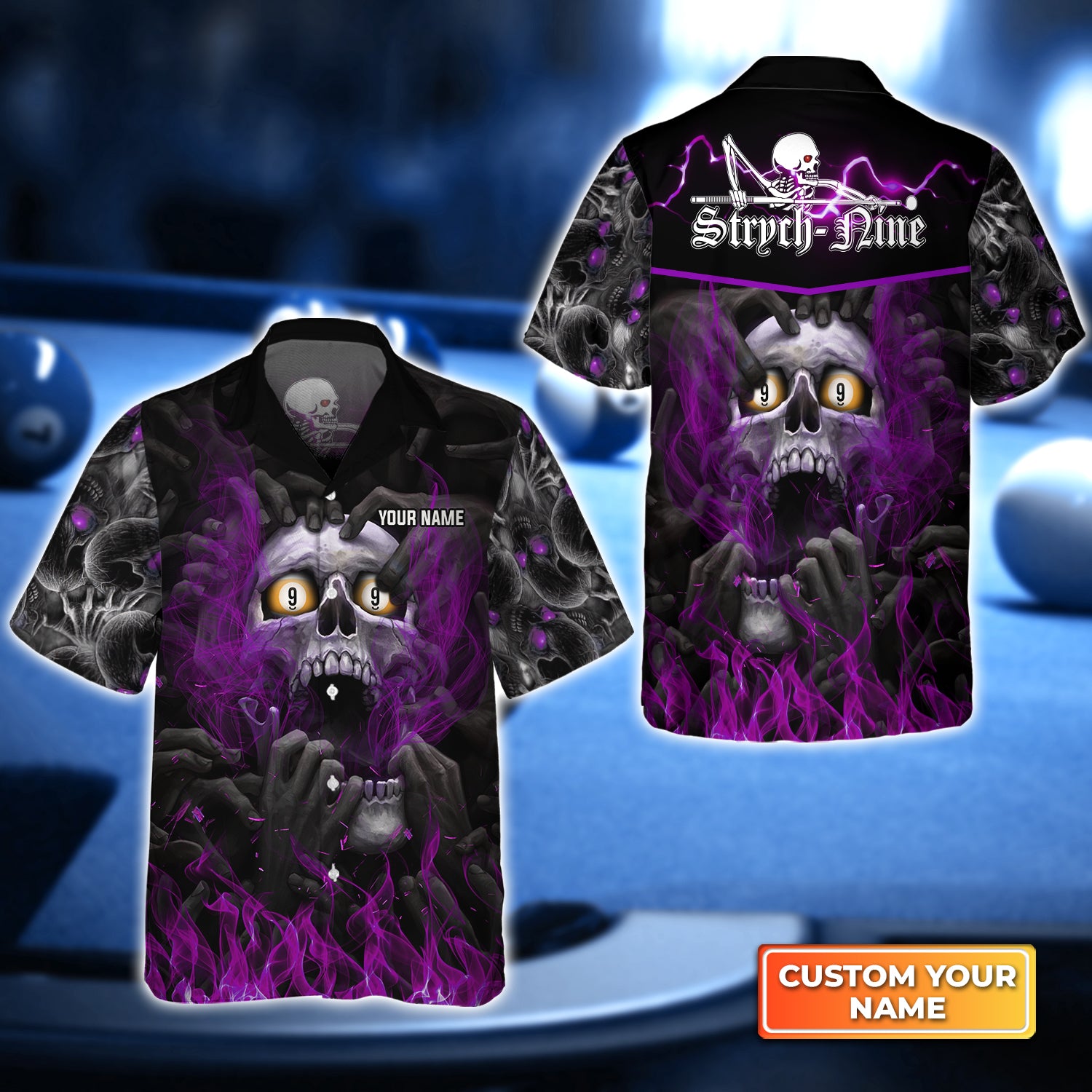 [Purple] Strych-Nine Pool 8 Ball Skull On Fire Personalized Name 3D Hawaiian Shirt For Billiard Players QB95