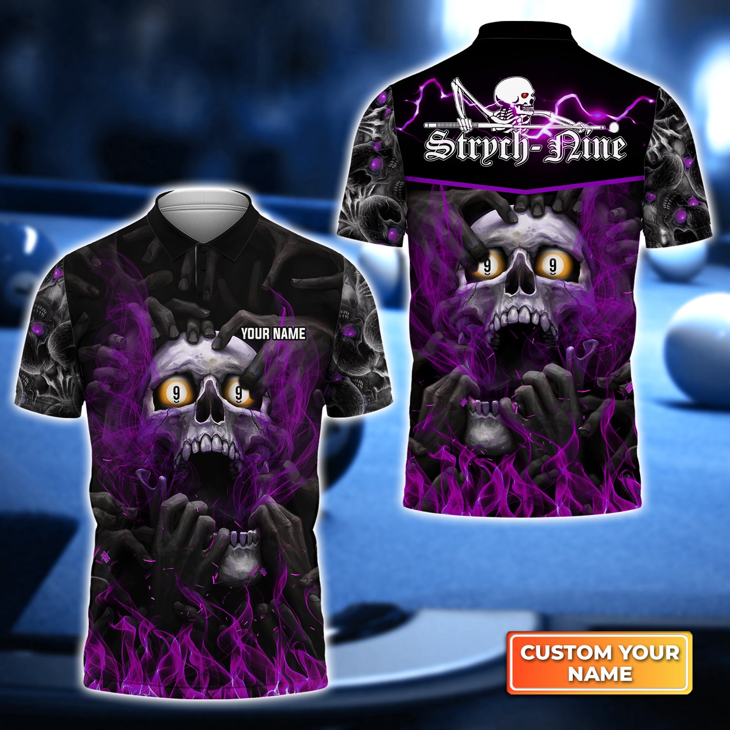 [Purple] Strych-Nine Pool 8 Ball Skull On Fire Personalized Name 3D Polo Shirt Gift For Billiard Players QB95