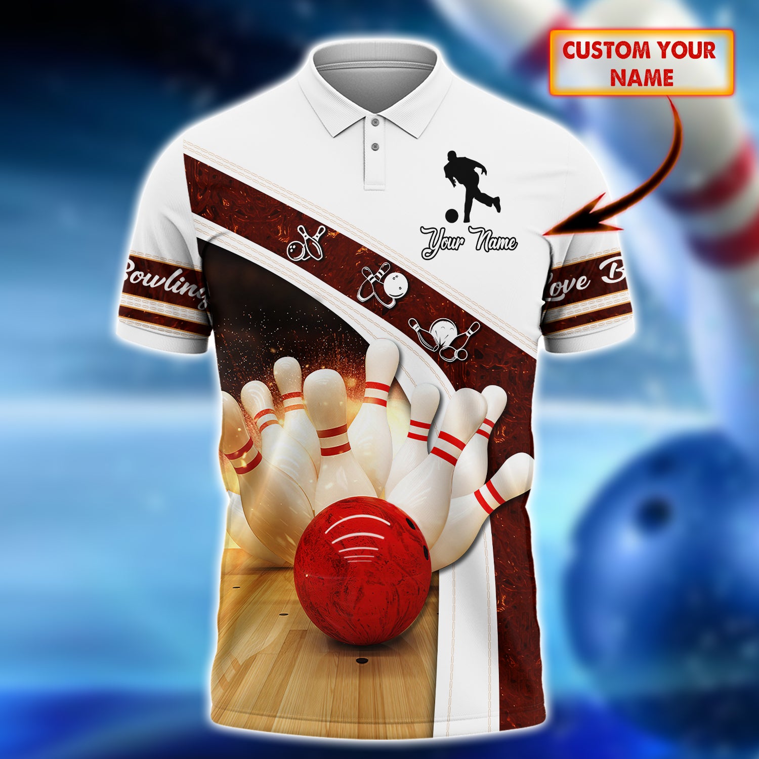 Bowling Strike Hit With Fire Explosion Personalized Name 3D Polo Shirt QB95