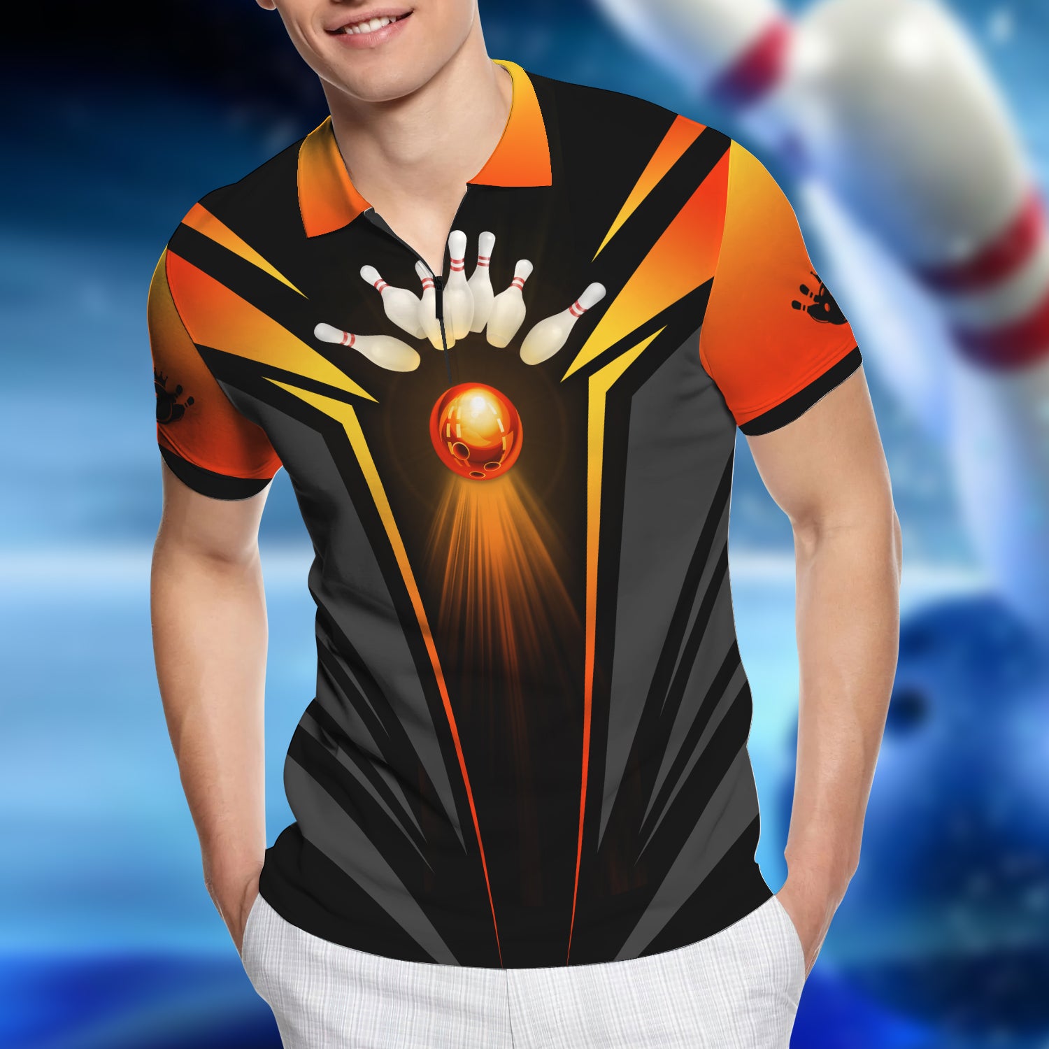 PIN WIZARDS - The Orange Bowling Ball In Flames 3D Zipper Polo Shirt - QB95