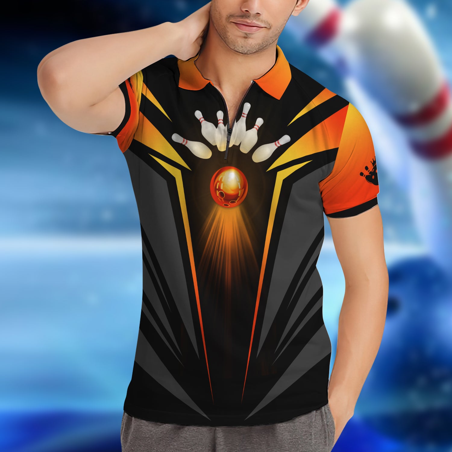 PIN WIZARDS - The Orange Bowling Ball In Flames 3D Zipper Polo Shirt - QB95