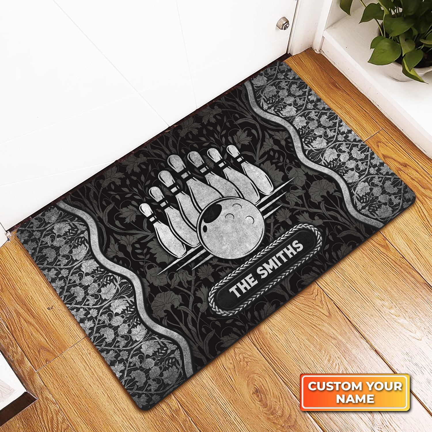 The Bowling Vintage Pattern Black Sliver Personalized Doormat Gift For Bowler