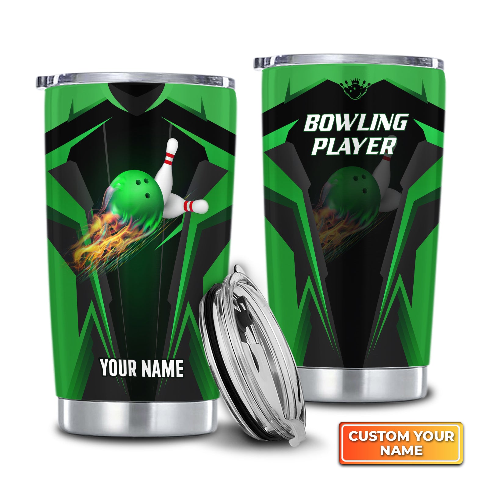 The Green Bowling Ball In Flames Breaks White Skittles Personalized Tumbler Best Gifts For Bowling Lovers - QB95