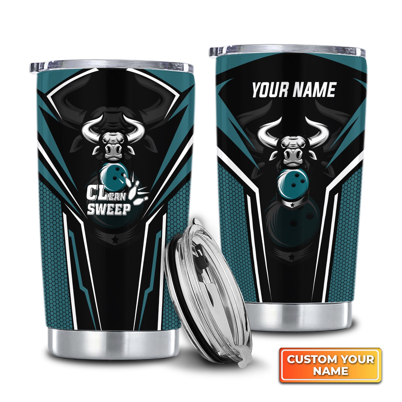 Bowling Bull Clean Sweep Turquoise Black Personalized Tumbler Best Gifts For Bowling Lovers - QB95