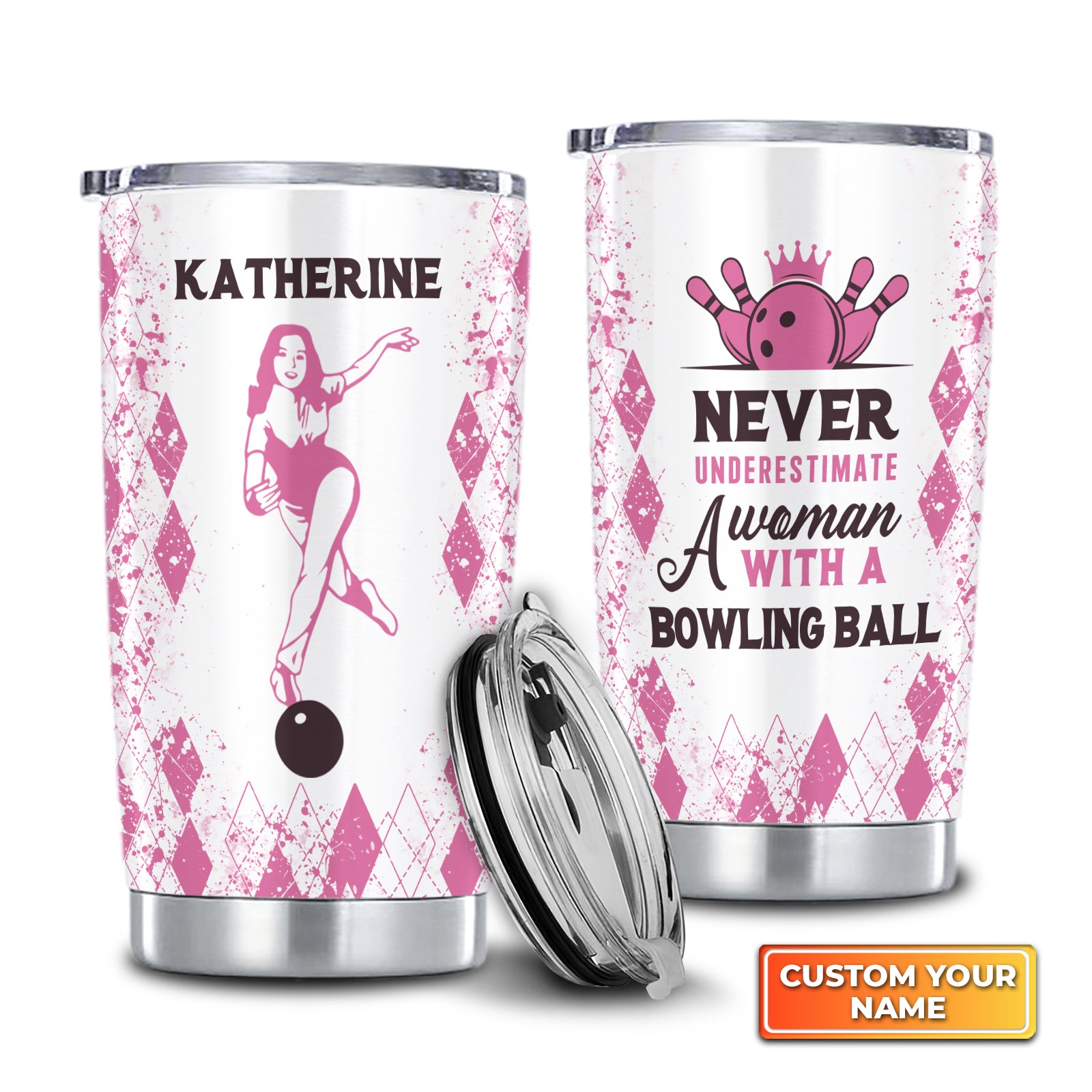 Never Underestimate A Woman With A Bowling Ball Pink Personalized Tumbler Best Gifts For Bowling Lovers - QB95