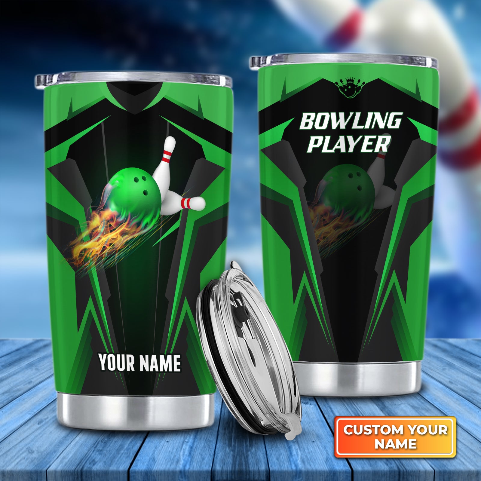 The Green Bowling Ball In Flames Breaks White Skittles Personalized Tumbler Best Gifts For Bowling Lovers - QB95