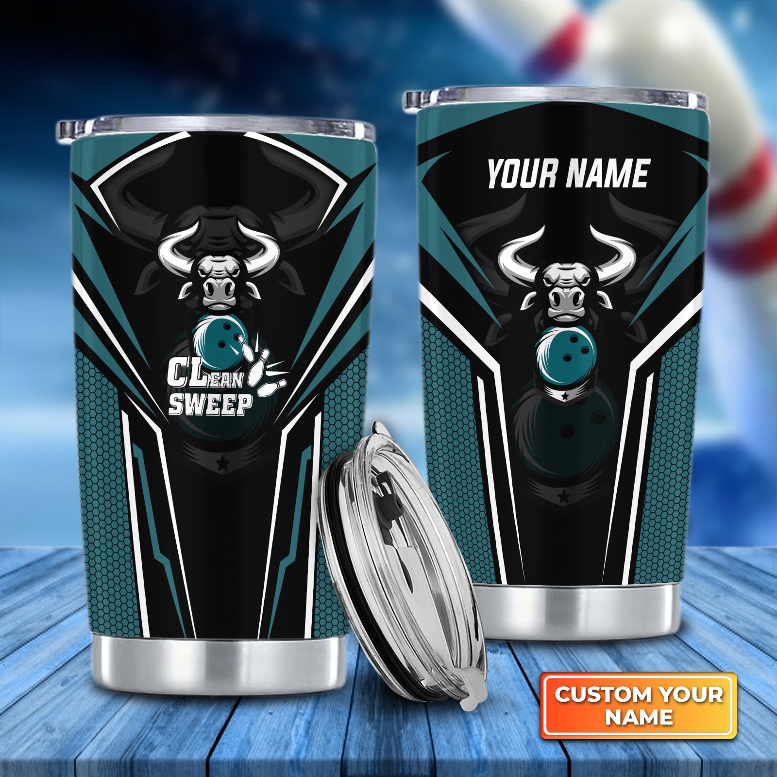 Bowling Bull Clean Sweep Turquoise Black Personalized Tumbler Best Gifts For Bowling Lovers - QB95