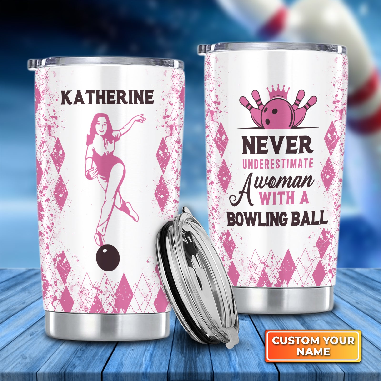 Never Underestimate A Woman With A Bowling Ball Pink Personalized Tumbler Best Gifts For Bowling Lovers - QB95