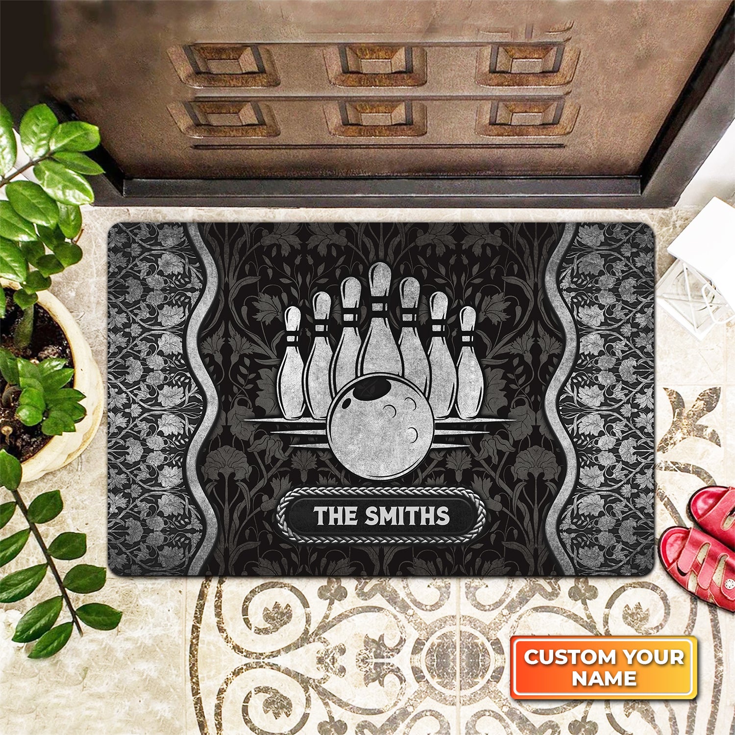 The Bowling Vintage Pattern Black Sliver Personalized Doormat Gift For Bowler