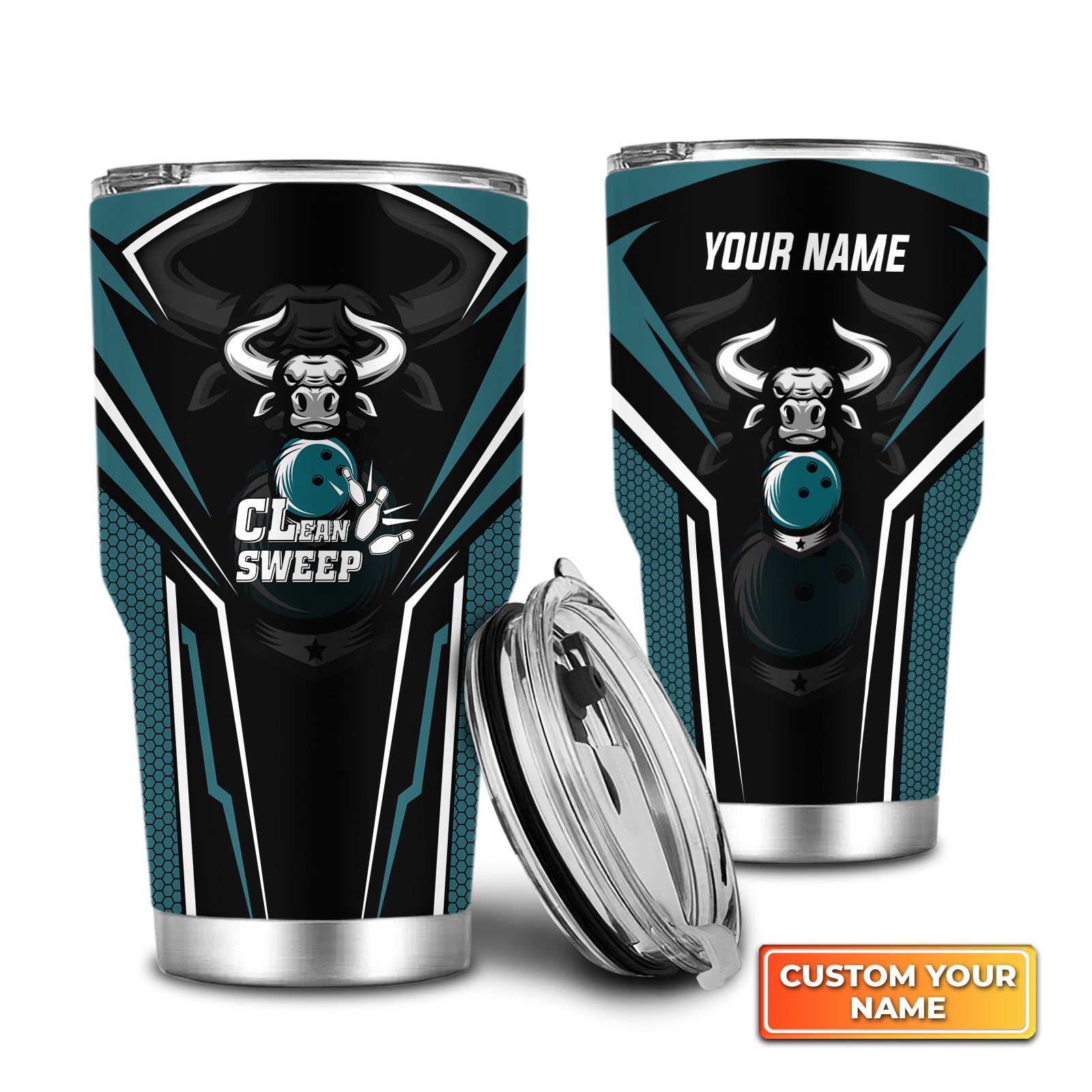 Bowling Bull Clean Sweep Turquoise Black Personalized Tumbler Best Gifts For Bowling Lovers - QB95