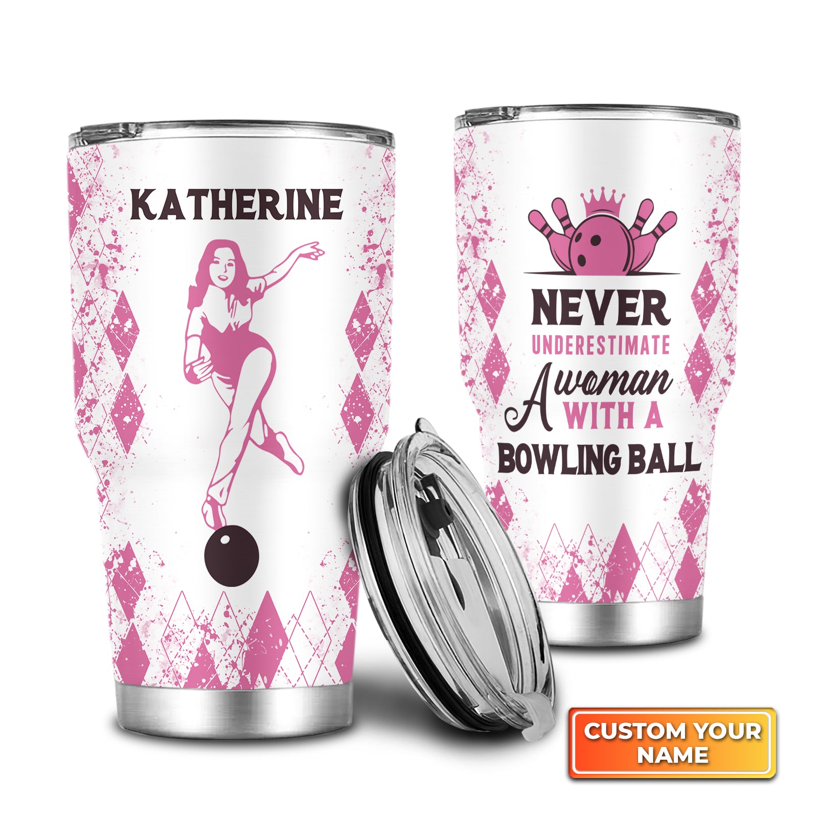 Never Underestimate A Woman With A Bowling Ball Pink Personalized Tumbler Best Gifts For Bowling Lovers - QB95