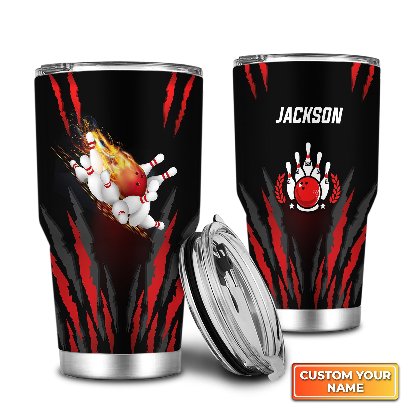The Red Bowling Ball In Flames Breaks White Skittles Personalized Tumbler Best Gifts For Bowling Lovers - QB95