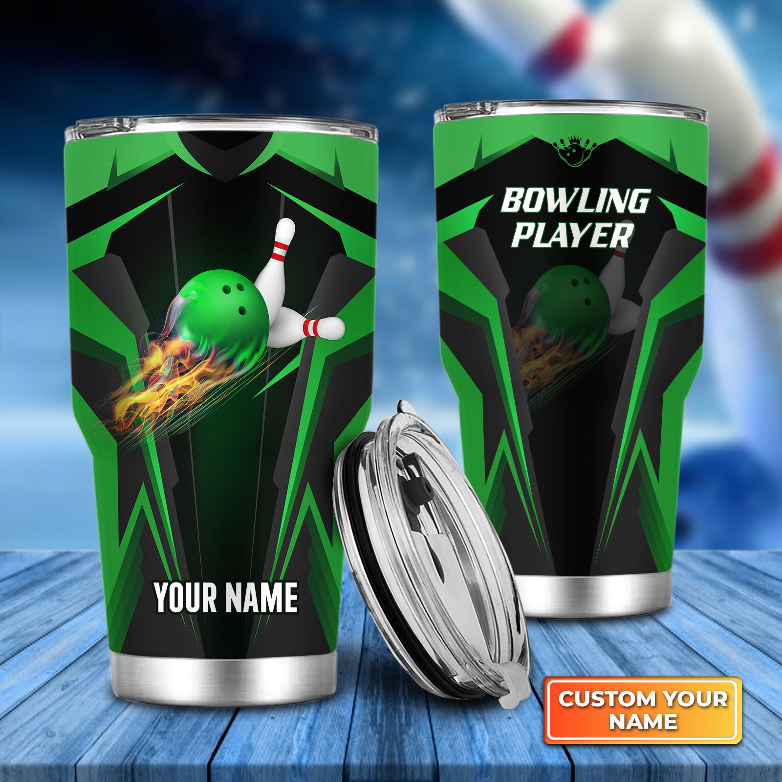 The Green Bowling Ball In Flames Breaks White Skittles Personalized Tumbler Best Gifts For Bowling Lovers - QB95