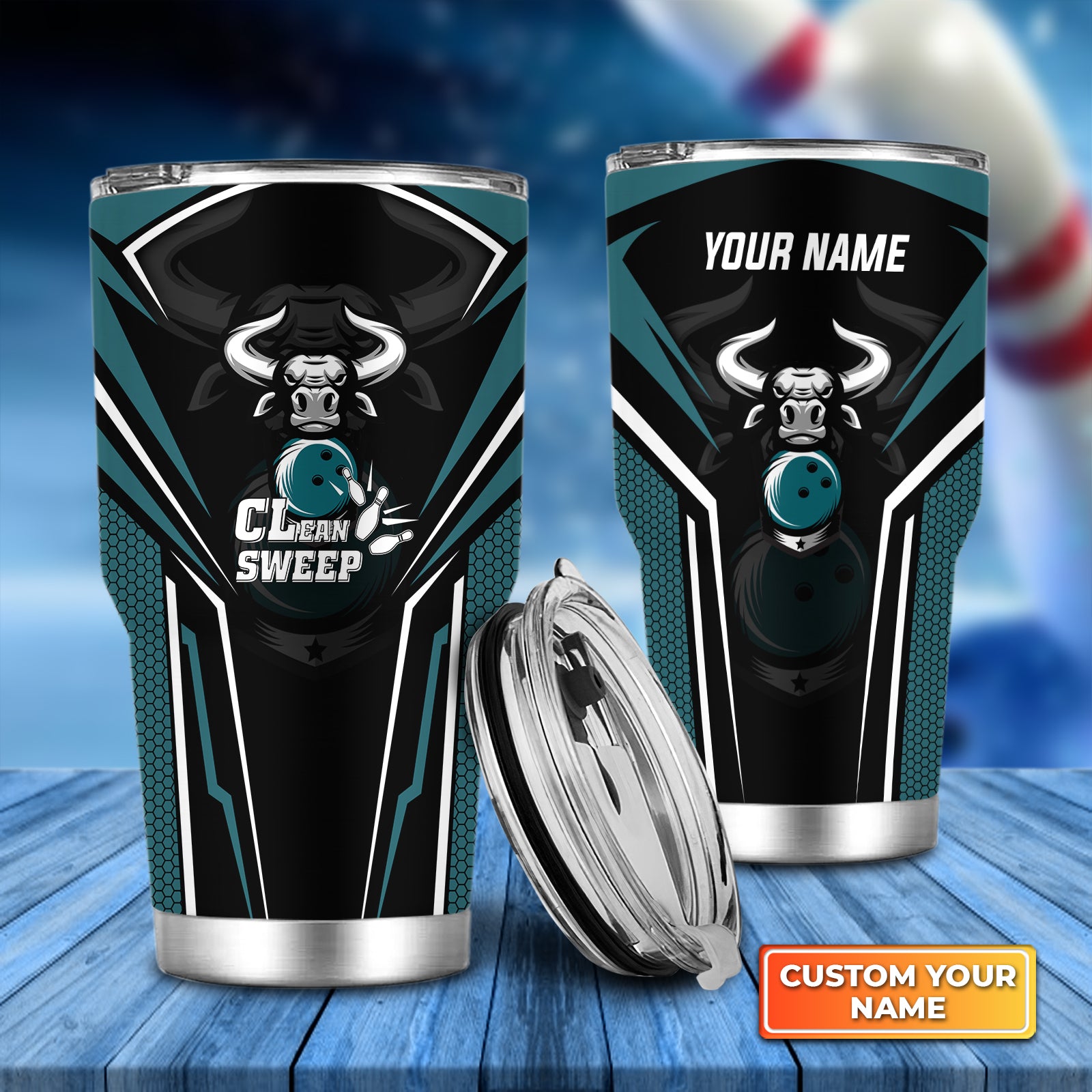 Bowling Bull Clean Sweep Turquoise Black Personalized Tumbler Best Gifts For Bowling Lovers - QB95