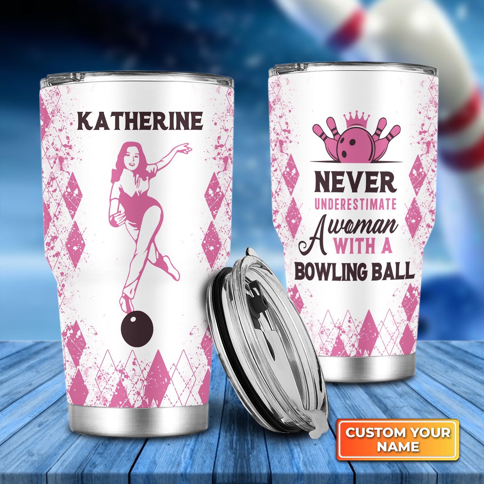 Never Underestimate A Woman With A Bowling Ball Pink Personalized Tumbler Best Gifts For Bowling Lovers - QB95