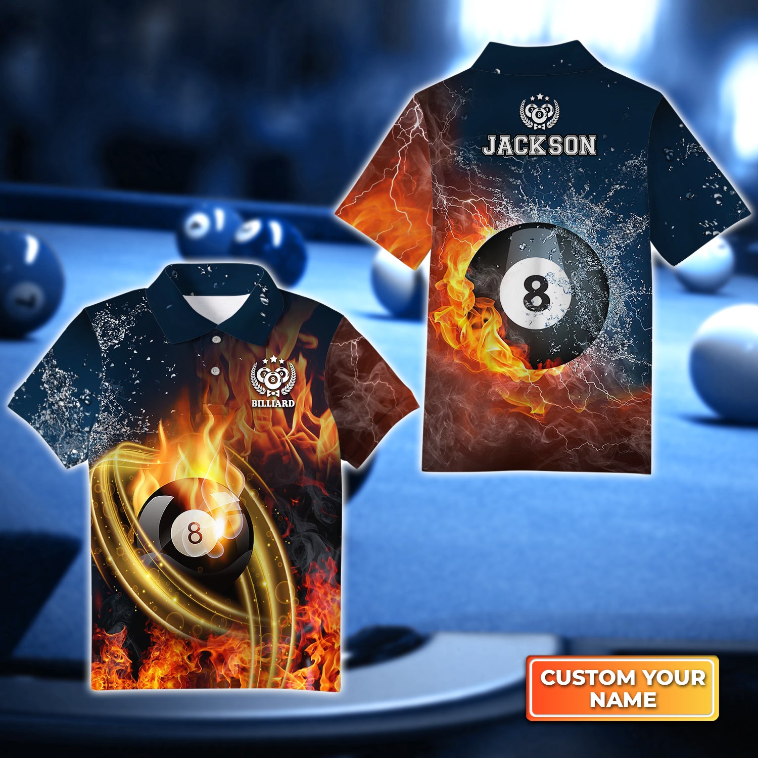 8Ball Billiard On Fire Personalized Name 3D Kid's Polo Shirt