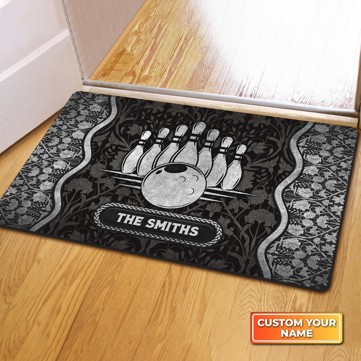 The Bowling Vintage Pattern Black Sliver Personalized Doormat Gift For Bowler