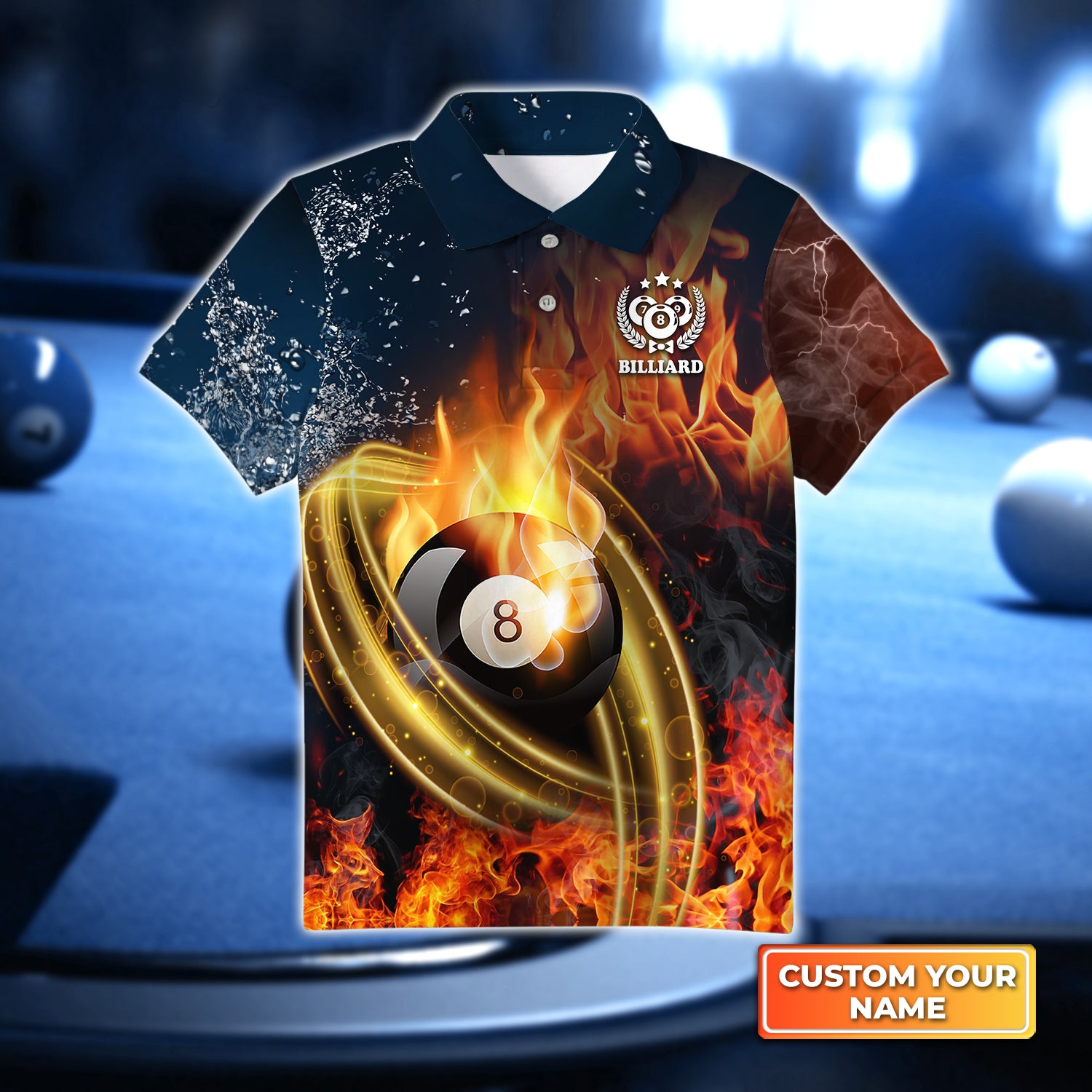 8Ball Billiard On Fire Personalized Name 3D Kid's Polo Shirt