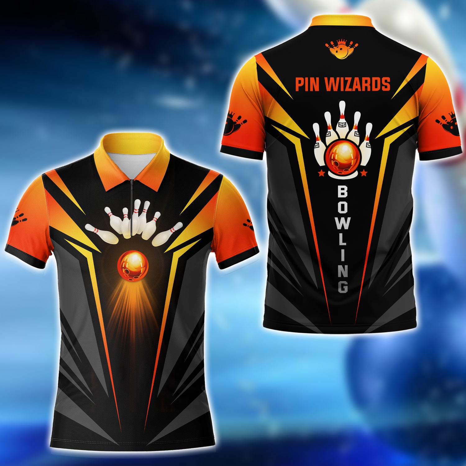 PIN WIZARDS - The Orange Bowling Ball In Flames 3D Zipper Polo Shirt - QB95