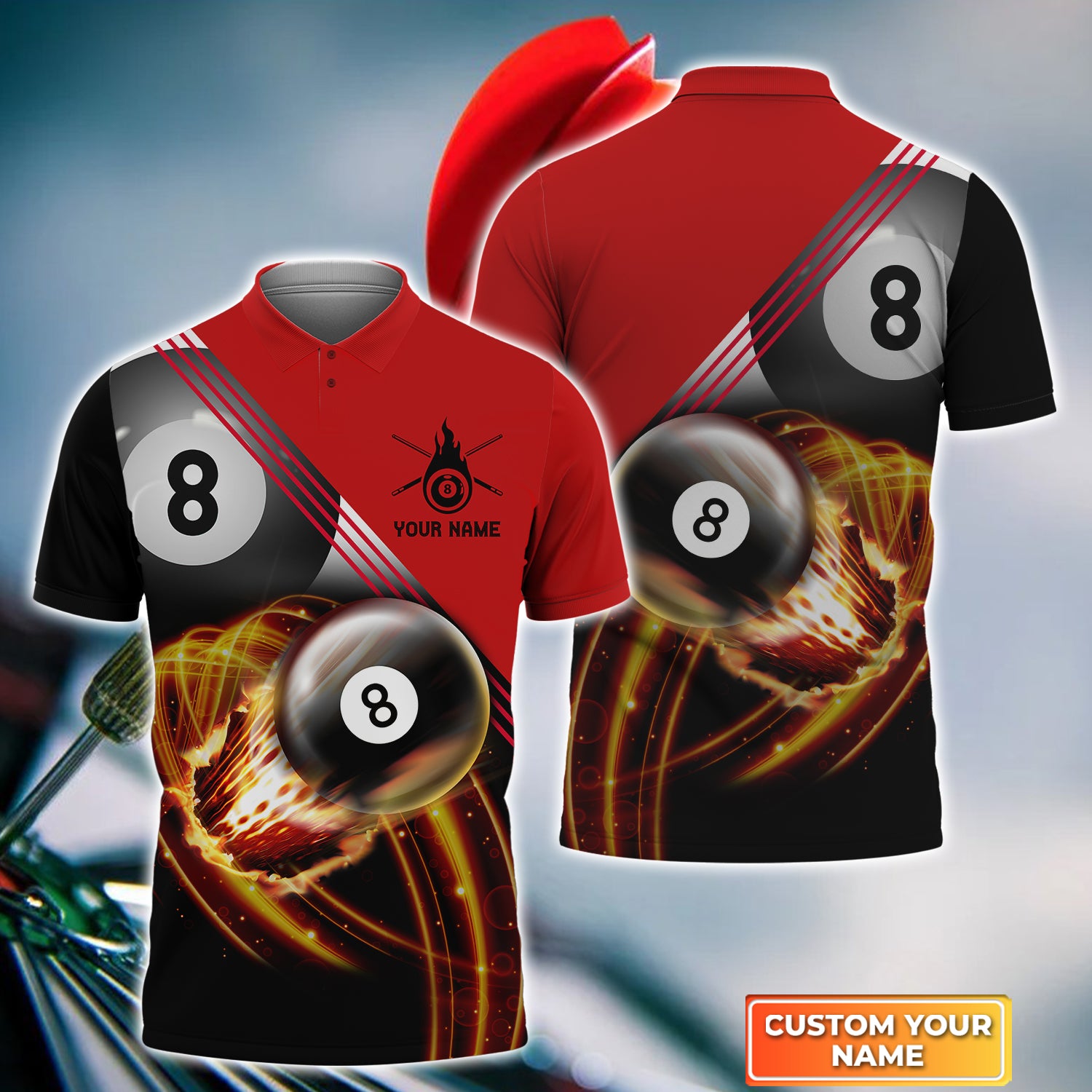 8 Ball Pool Fire Billiard Player Personalized Name 3D Polo Shirt For Team Tad