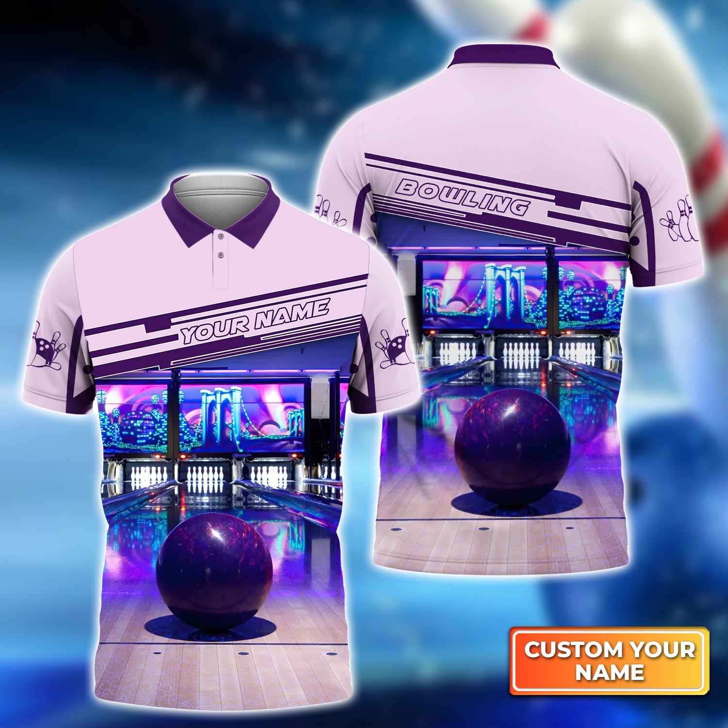 Purple Bowling Ball Personalized Name 3D Polo Shirt QB95