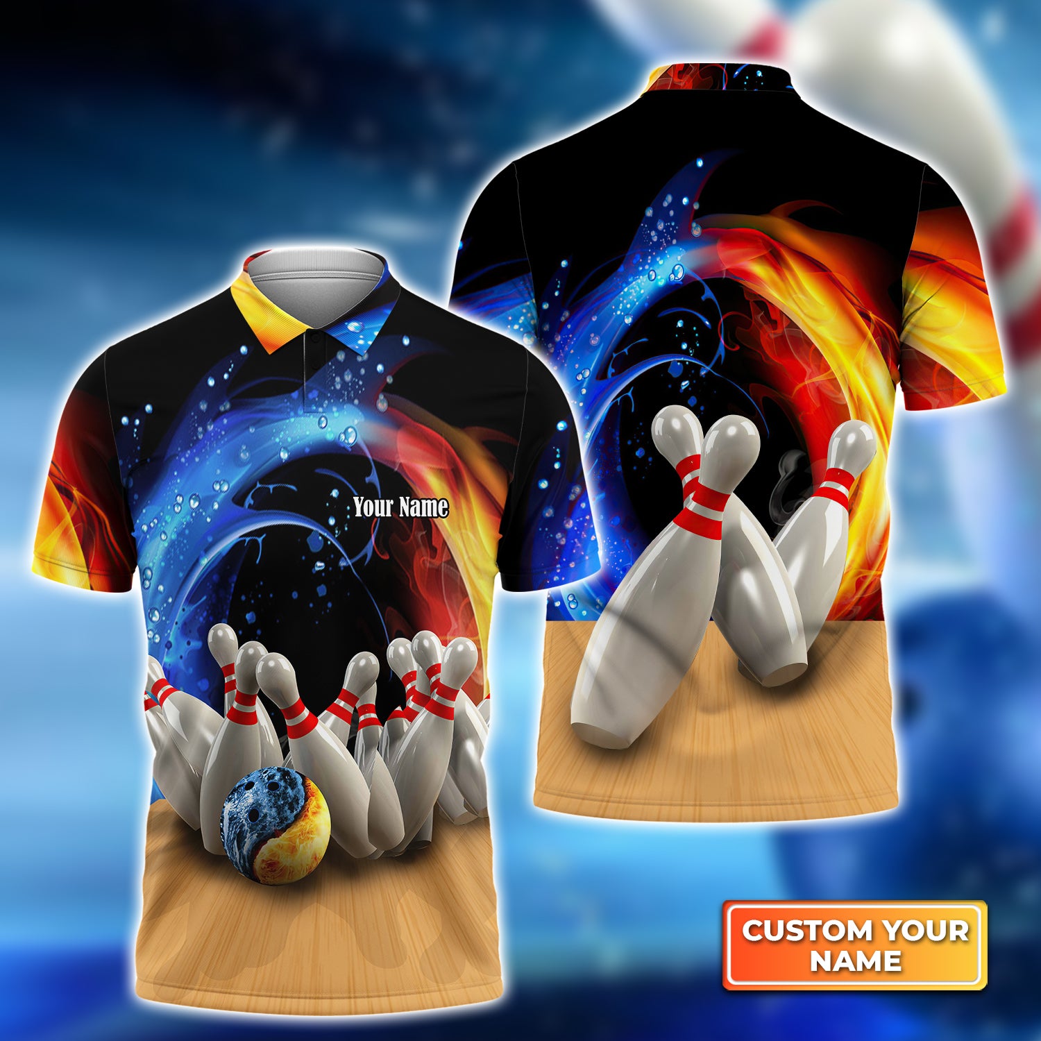 Bowling Game Strike Water and Fire Personalized Name 3D Polo Shirt QB95