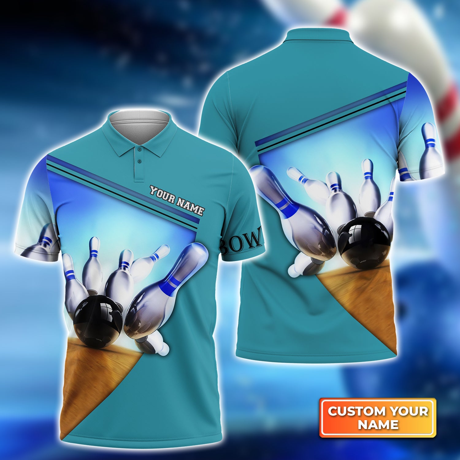 Ten Pin Bowling Blue Colorful Personalized Name 3D Polo Shirt For Bowling Player QB95