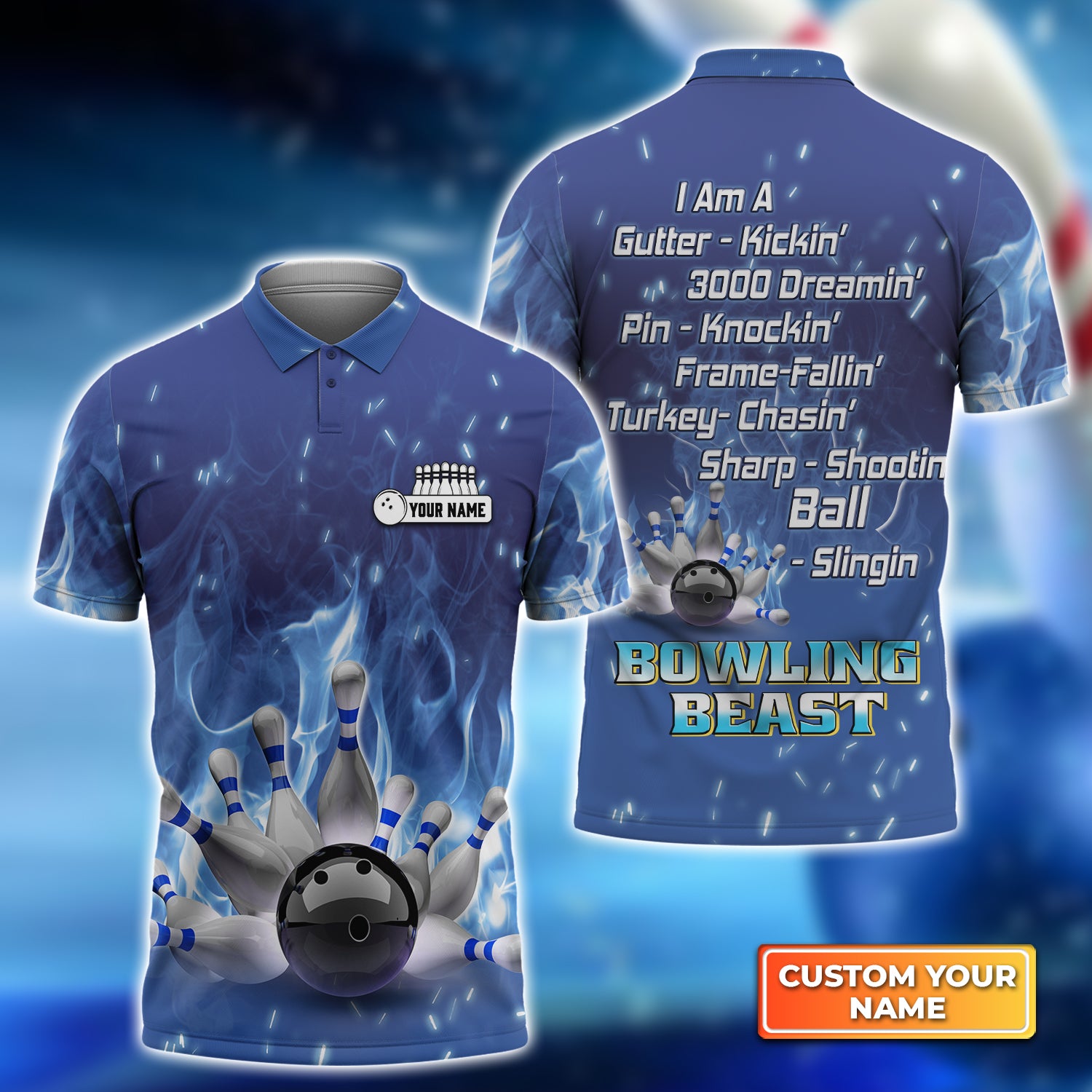 Bowling On Blue Fire Bowling Beast Personalized Name 3D Polo Shirt QB95