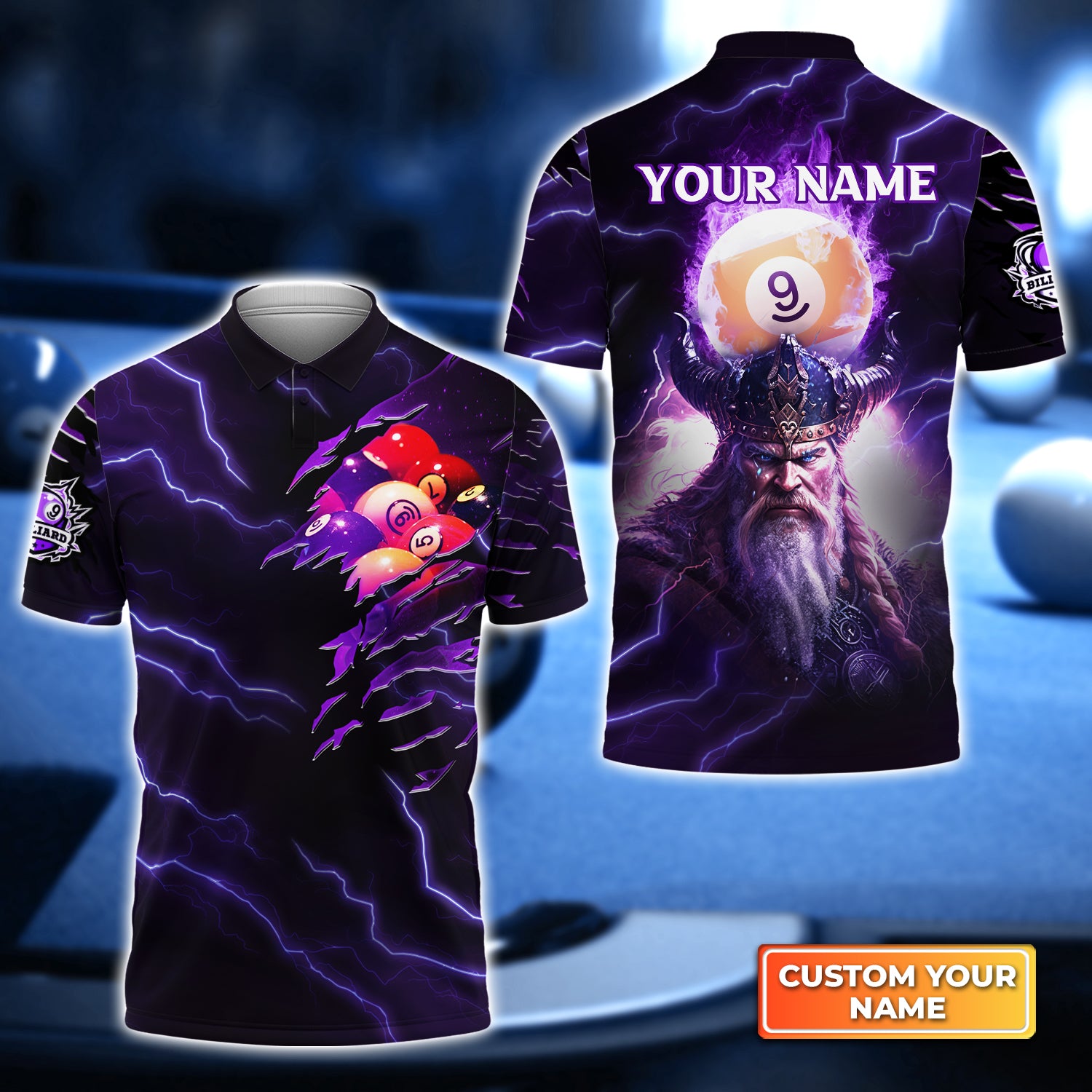 Billiard Pool 9 Ball Thunder Viking Personalized Name 3D Polo Shirt Gift For Billiard Players QB95