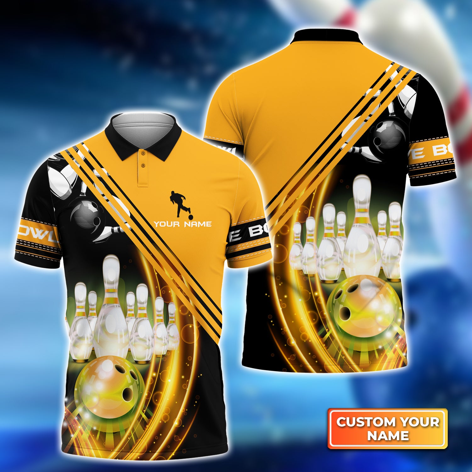 Yellow Bowling Ball In Motion And The Pins Personalized Name 3D Polo Shirt QB95