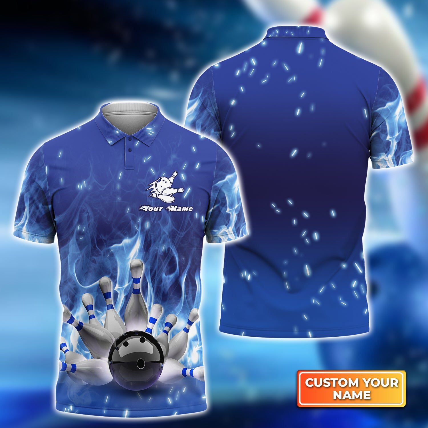 Bowling On Blue Fire Personalized Name 3D Polo Shirt QB95