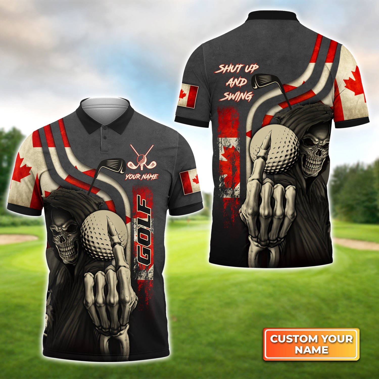 Canada Flag Skull Golf Shut Up And Swing - Personalized Name 3D Polo Shirt Gift For Golfers QB95