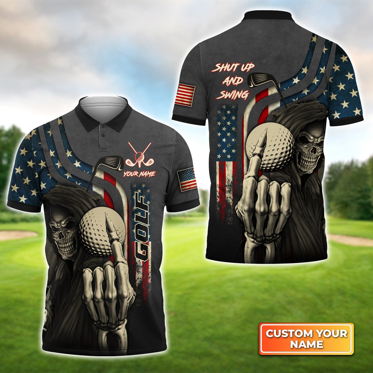 America Flag Skull Golf Shut Up And Swing - Personalized Name 3D Polo Shirt Gift For Golfers QB95