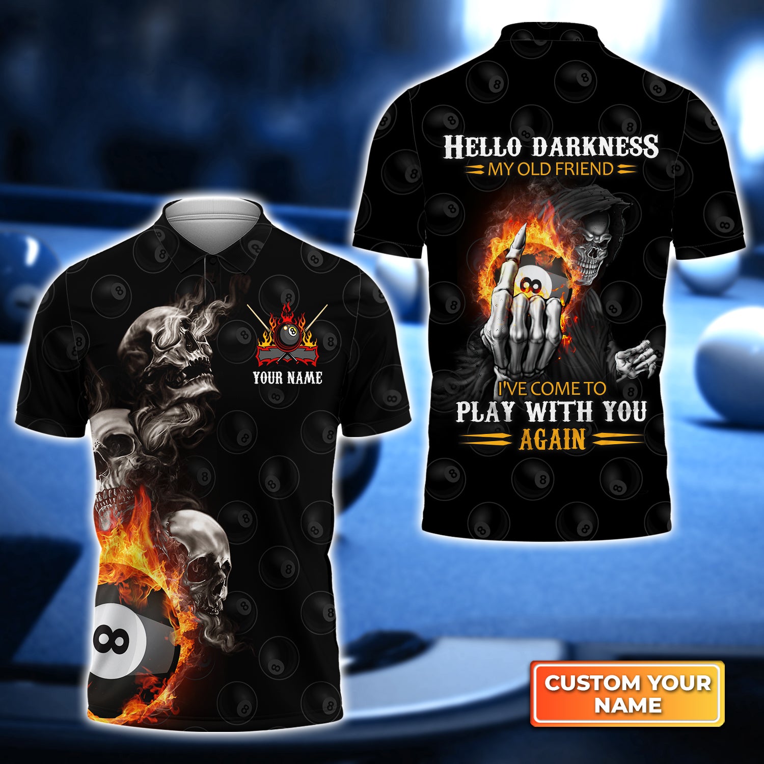 Skull Reaper Billiard Pool 8 Ball Hello Darkness My Old Friend Personalized Name 3D Polo Shirt Gift For Billiard Players QB95