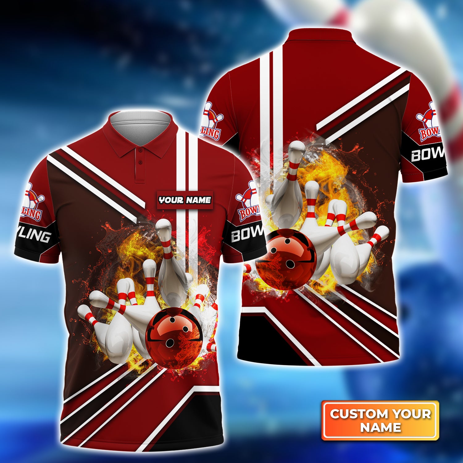 Red Bowling Ball On Fire Crashing Pins Personalized Name 3D Polo Shirt QB95