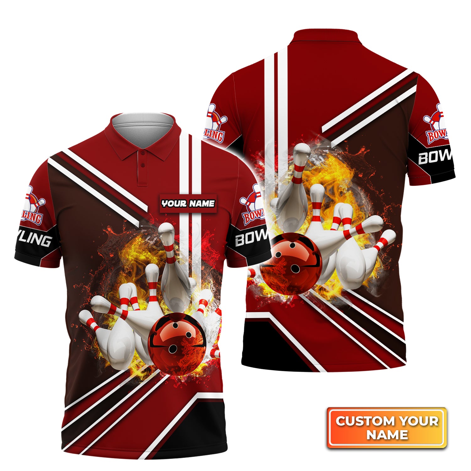 Red Bowling Ball On Fire Crashing Pins Personalized Name 3D Polo Shirt QB95