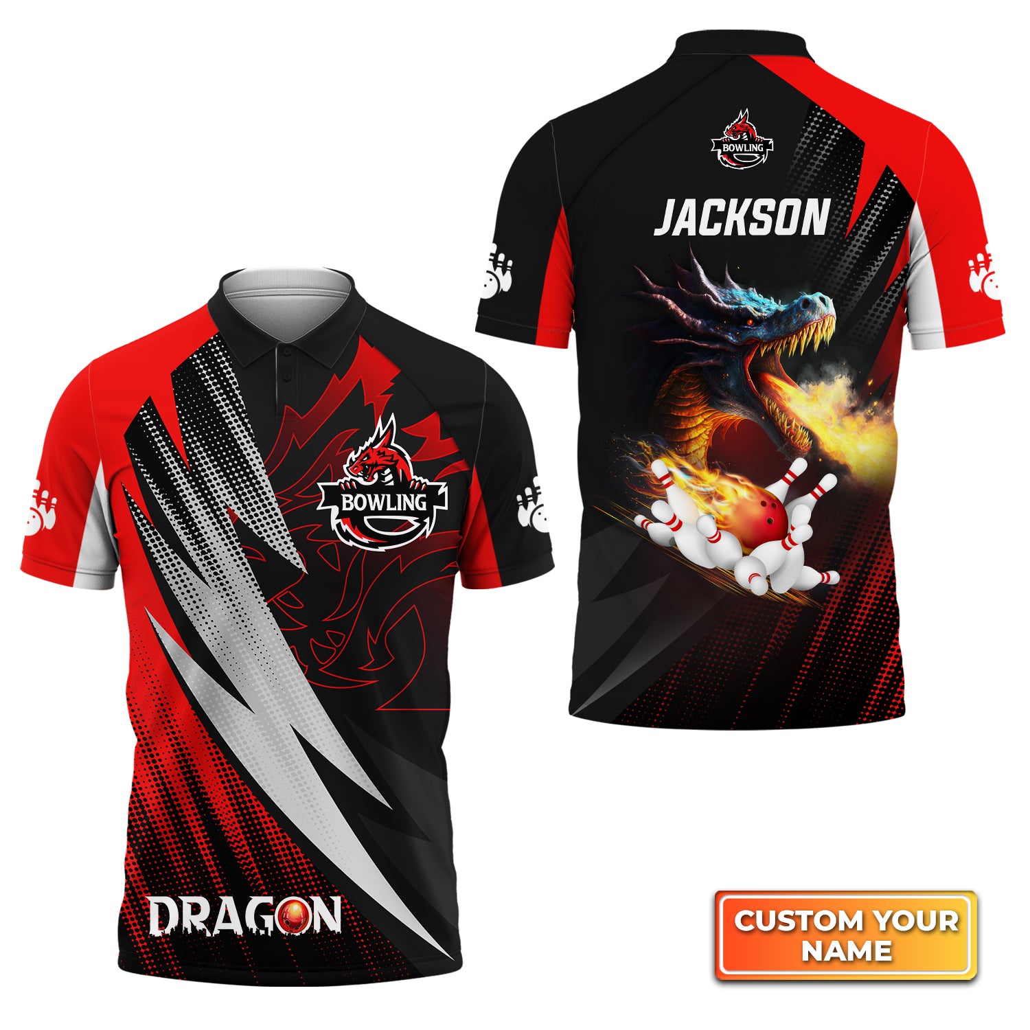 Dragon Team Red Bowling Ball On Fire Personalized Name 3D Polo Shirt QB95